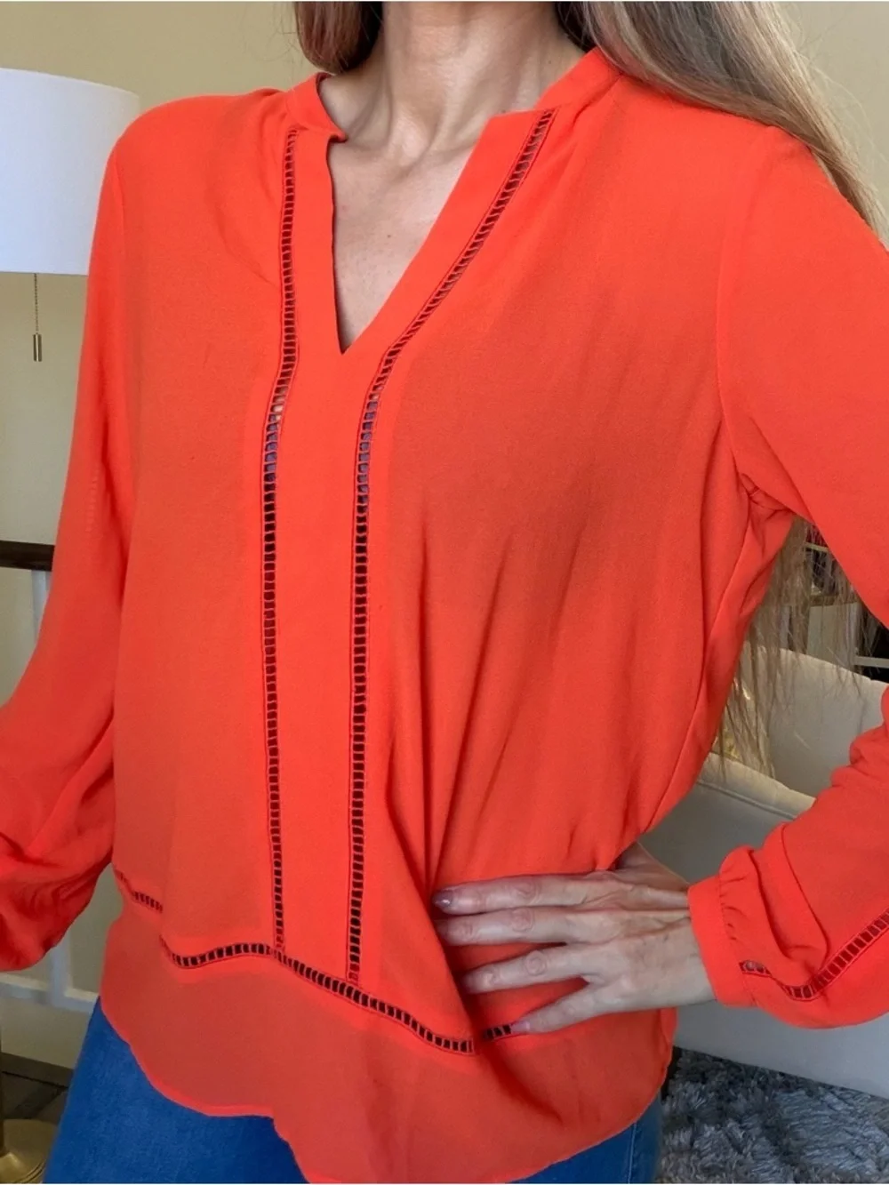 Michael Kors Mandarin Orange Pointelle Trim Long Sleeve Top V Neck Blouse M
